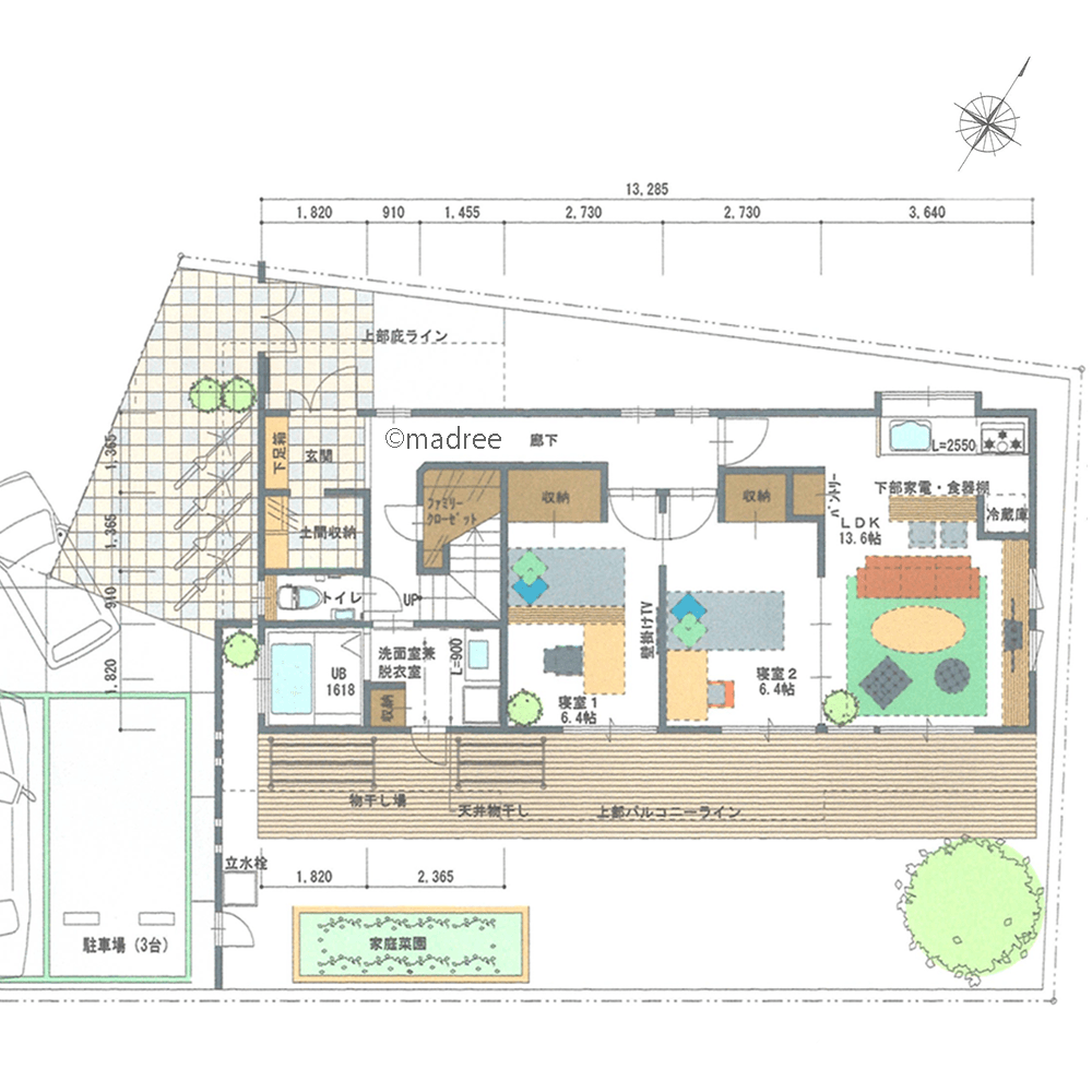 [33坪 2LDK] 将来的にワンフロアで生活かつ夫婦別寝、ライフスタイルに寄り添う柔軟な家の間取り図　1階の画像