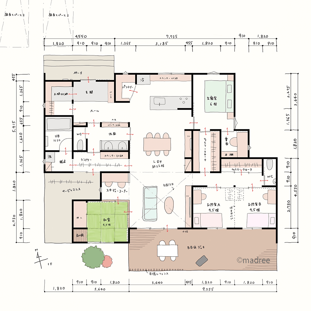 [39坪 2LDK] 縦長LDK中心の空間分け、コンパクトな生活動線で自然と真ん中に家族の集う平屋の間取り図　1階の画像