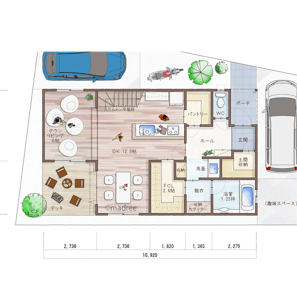 [27坪〜30坪 2LDK] 床生活でフレキシブルに空間活用、親子の目線が近くなる暖かな家の間取り図　1階の画像
