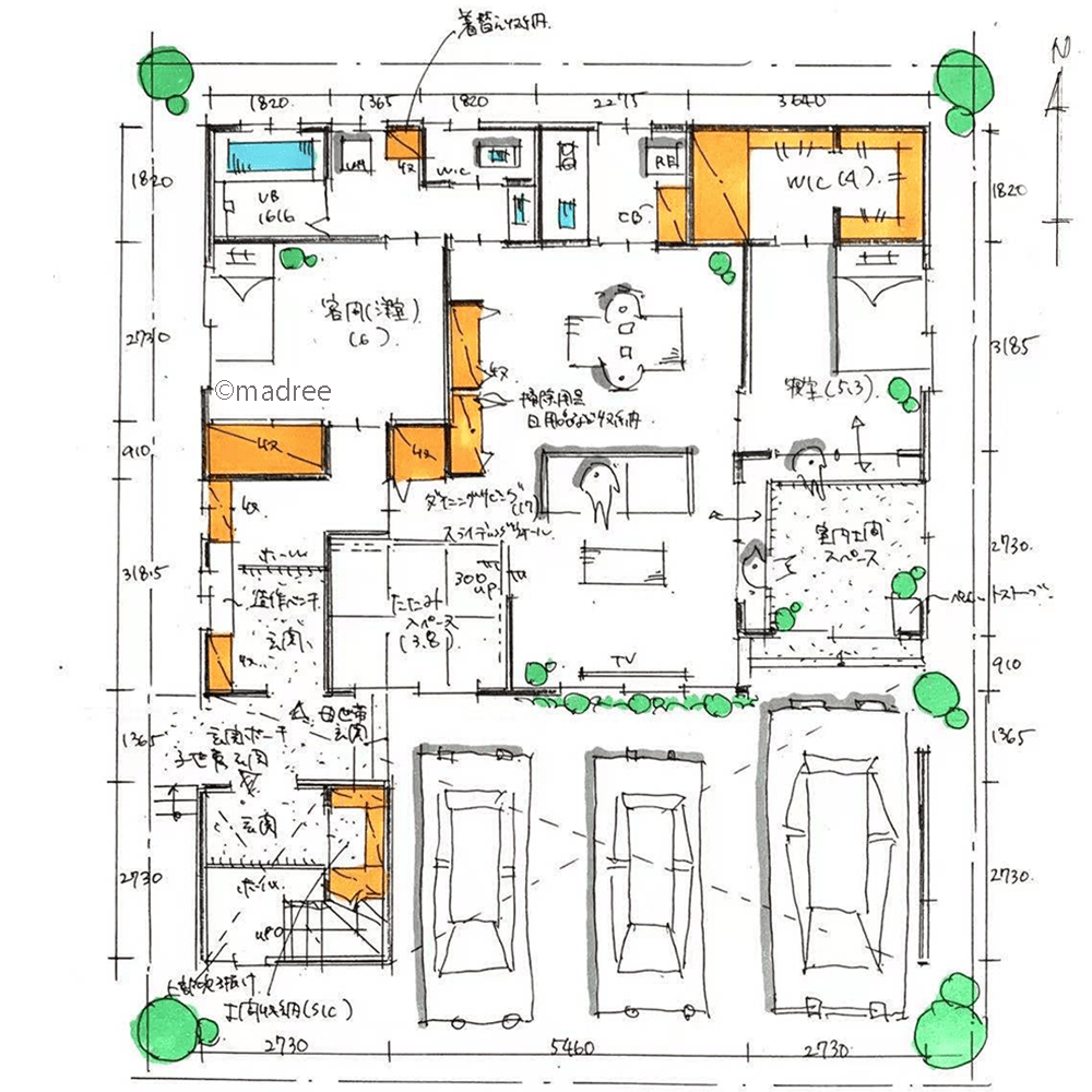 [89坪 納戸] ご近所のように寄り添える距離感で暮らす、各階に憩いの場がある完全二世帯住宅の間取り図　1階の画像