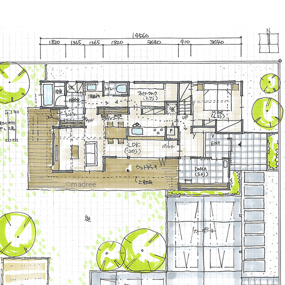 [35坪 2LDK] 土間収納からも屋内外へ繋がる、LDKの開放感と家事動線の便利さを兼ね備えた家の間取り図　1階の画像