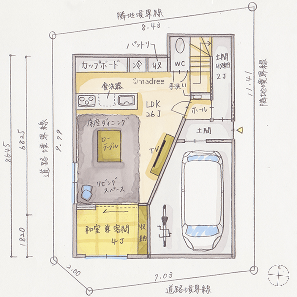 [37坪 5LDK] オンオフ区分したスペースが心地良い、人が集う床座リビングの家の間取り図　1階の画像
