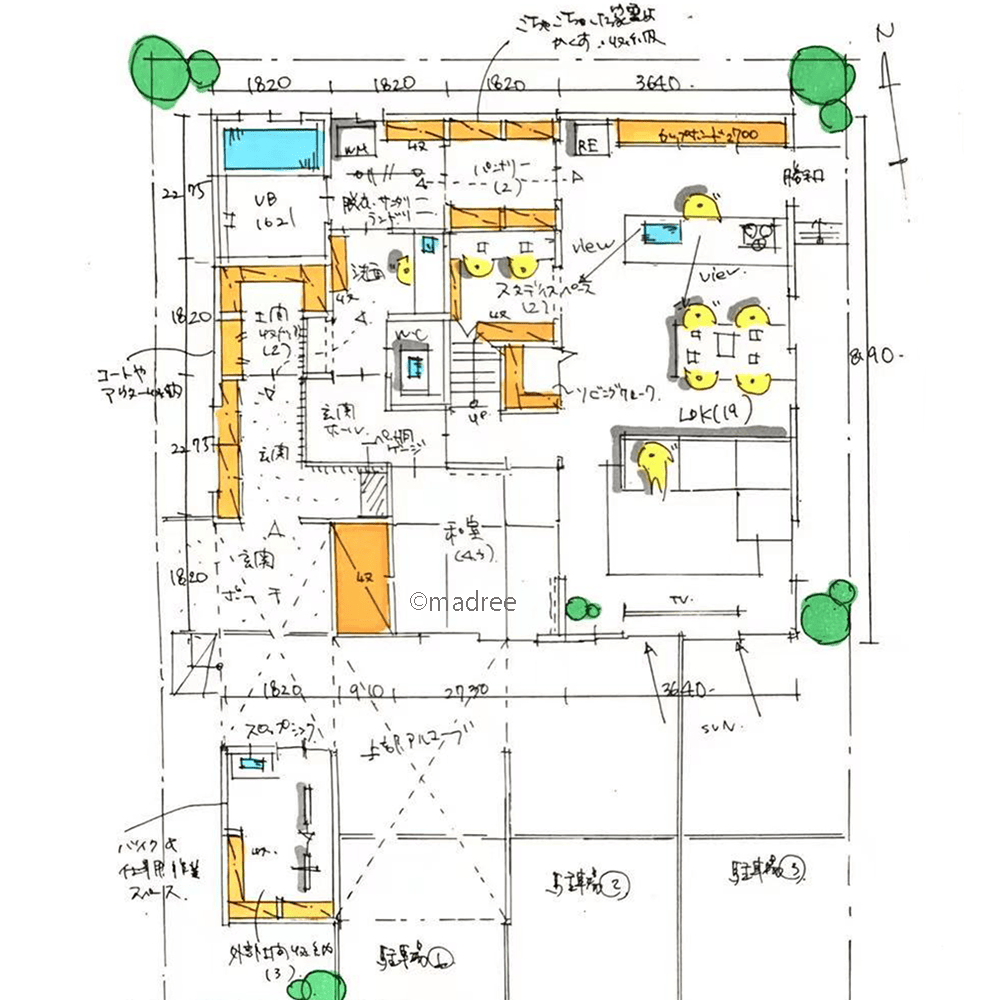 [43坪 2LDK] ウォークスルー家事で趣味も充実、庭のような2階テラスで開放的なオフ時間を過ごす家の間取り図　1階の画像