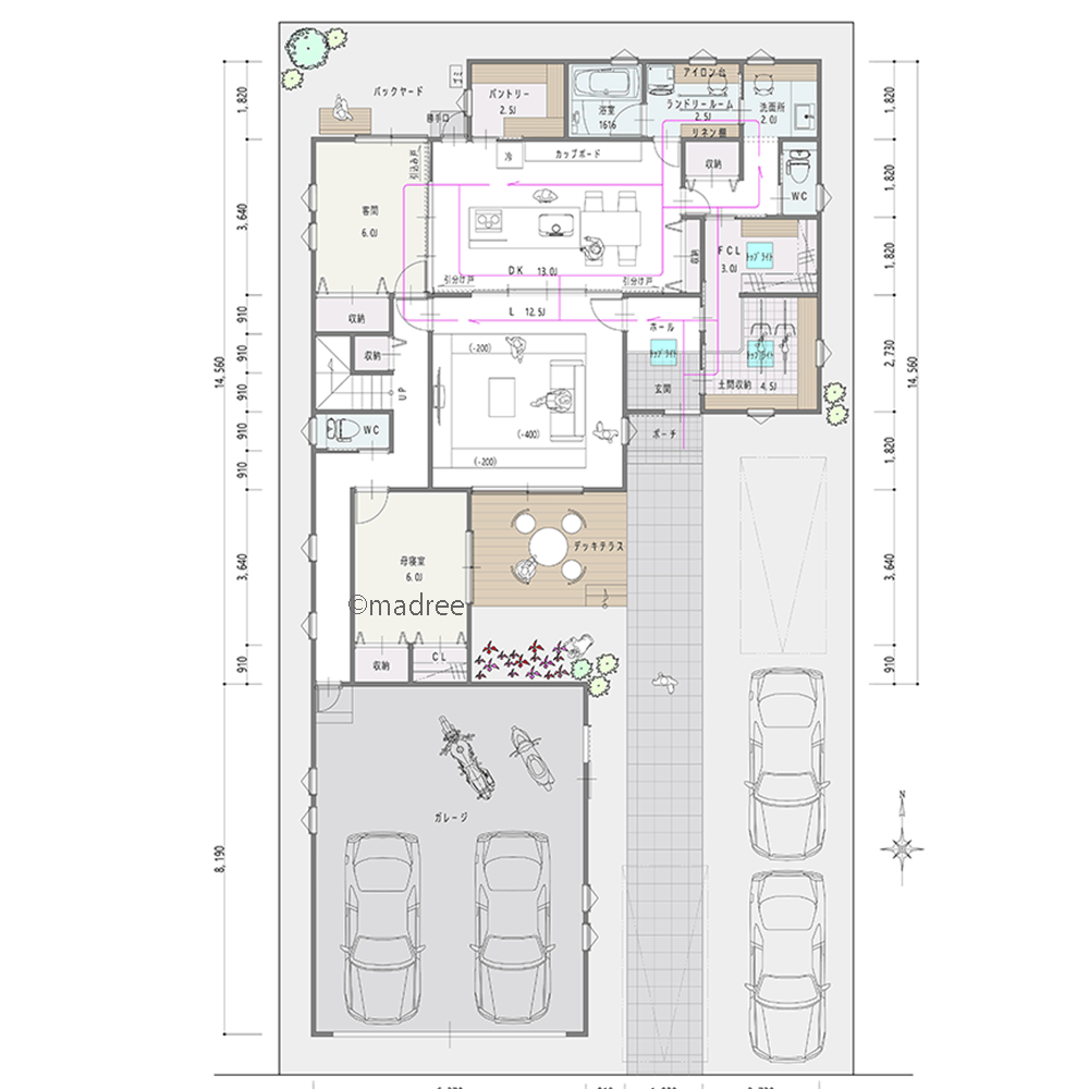 [52坪 4LDK] 憧れのガレージでつくる趣味空間と、将来同居を見据えた家事ラク動線の家の間取り図　1階の画像