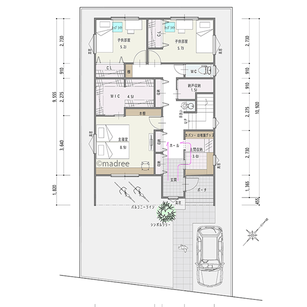 [44坪 4LDK] 2階リビングで光と開放感を追求、オンオフ切り替えやすい在宅ワーカーの家の間取り図　1階の画像