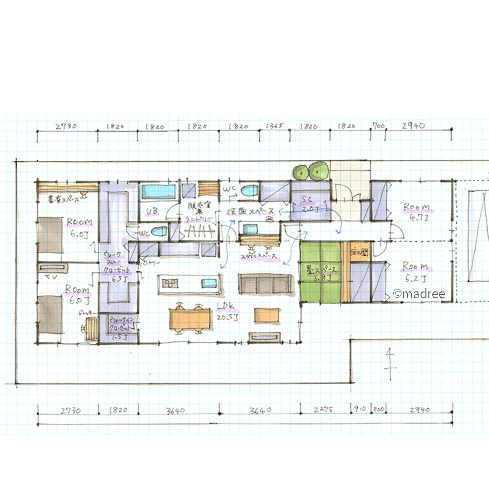 [37坪 3LDK] ウォークスルー収納が居住空間を繋ぐ、家族それぞれにパーソナルスペースのある平屋の間取り図　1階の画像