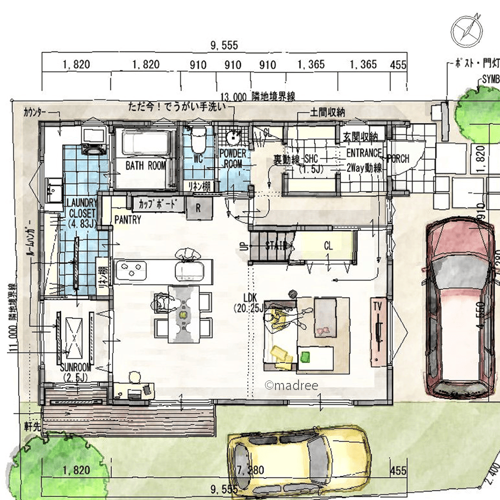 [35坪 3LDK] 共働き夫婦に嬉しい家事動線、LDKと繋がるフレキシブルなサンルームのある家の間取り図　1階の画像