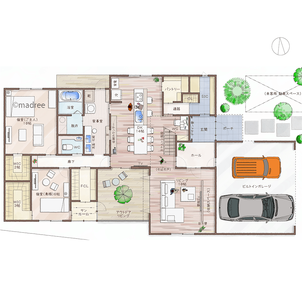 [50坪以上 4LDK] 屋内外一体のプライベート空間、家事動線と繋がるアウトドアリビングのある家の間取り図　1階の画像