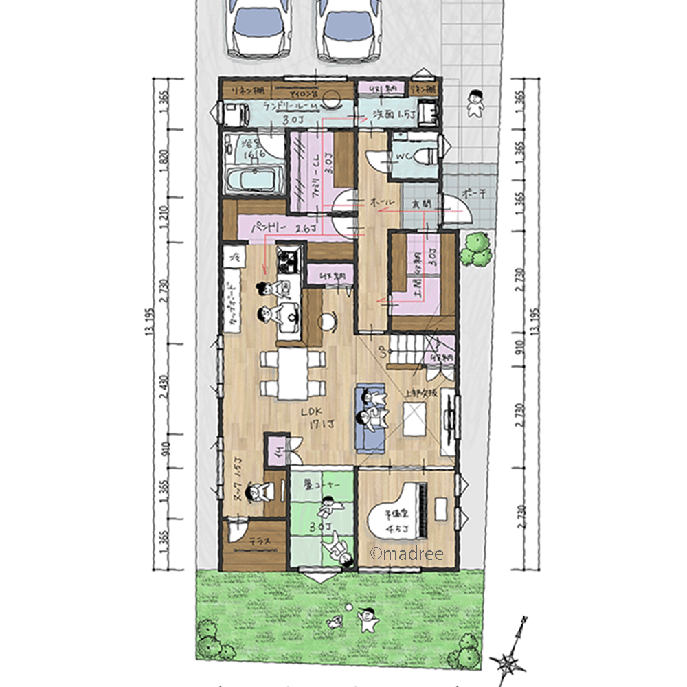[43坪 5LDK] 個室やヌックで程よい距離感をキープ、将来を見据えた二世帯住宅の間取り図　1階の画像