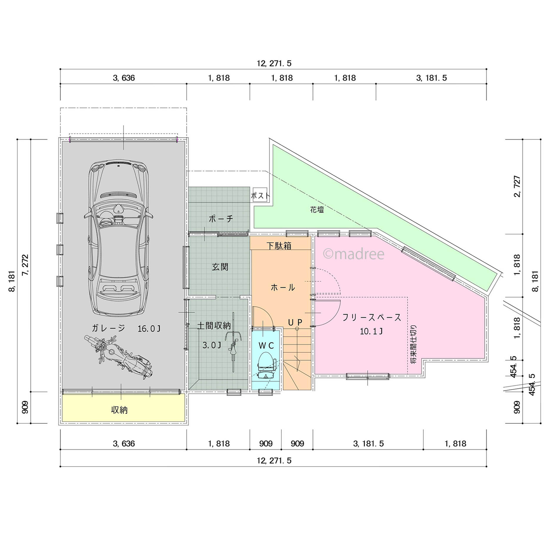 [39坪 2LDK] ウォークスルーで効率よく身支度、ガラス越しの愛車が映えるビルトインガレージの家の間取り図　1階の画像