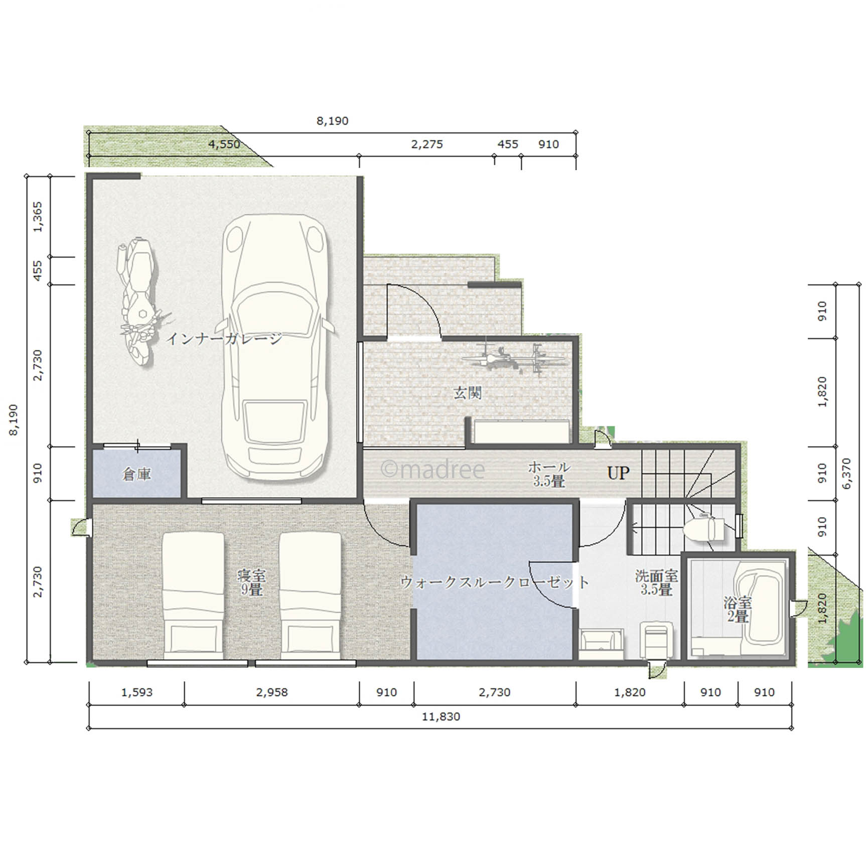 [33坪 2LDK] 三角地を活かしたビルトインの趣味スペース、主寝室からガレージを望む家の間取り図　1階の画像