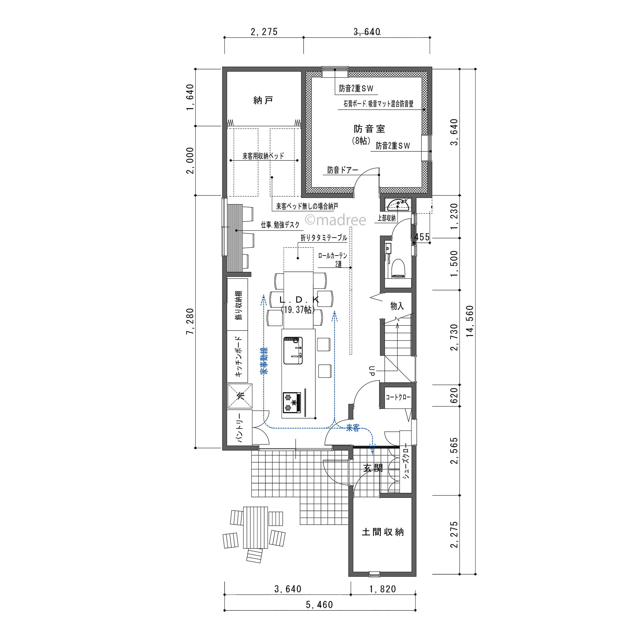 [40坪 4LDK] ロールカーテンで手軽に来客動線を確保、広々LDKを廊下としても活用できる家の間取り図　1階の画像