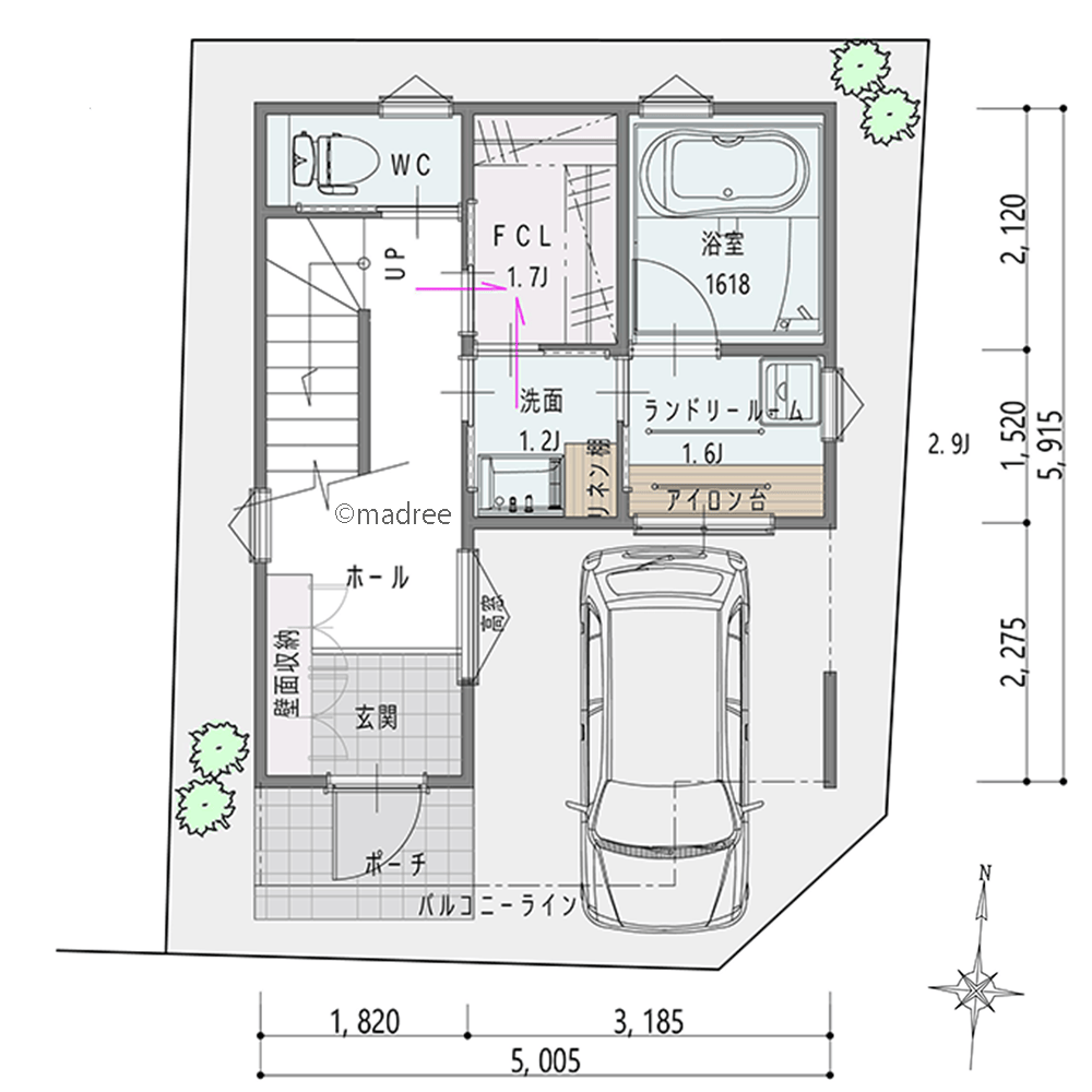 [25坪 3LDK] 3階までの動作をコンパクトにまとめる！フロアで生活空間を分けた狭小地の家の間取り図　1階の画像