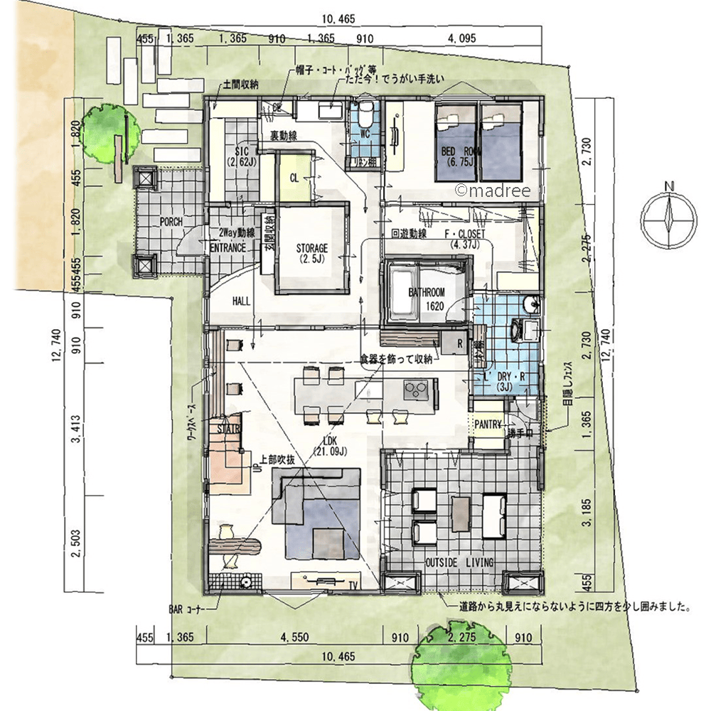 [39坪 2LDK] 複数の空間から近道できる、開放的なLDKから流れるように家事をこなせる家の間取り図　1階の画像