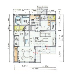 庭をL字に囲ったLDKとテラスで庭と繋がれるシンプル家事動線の間取り