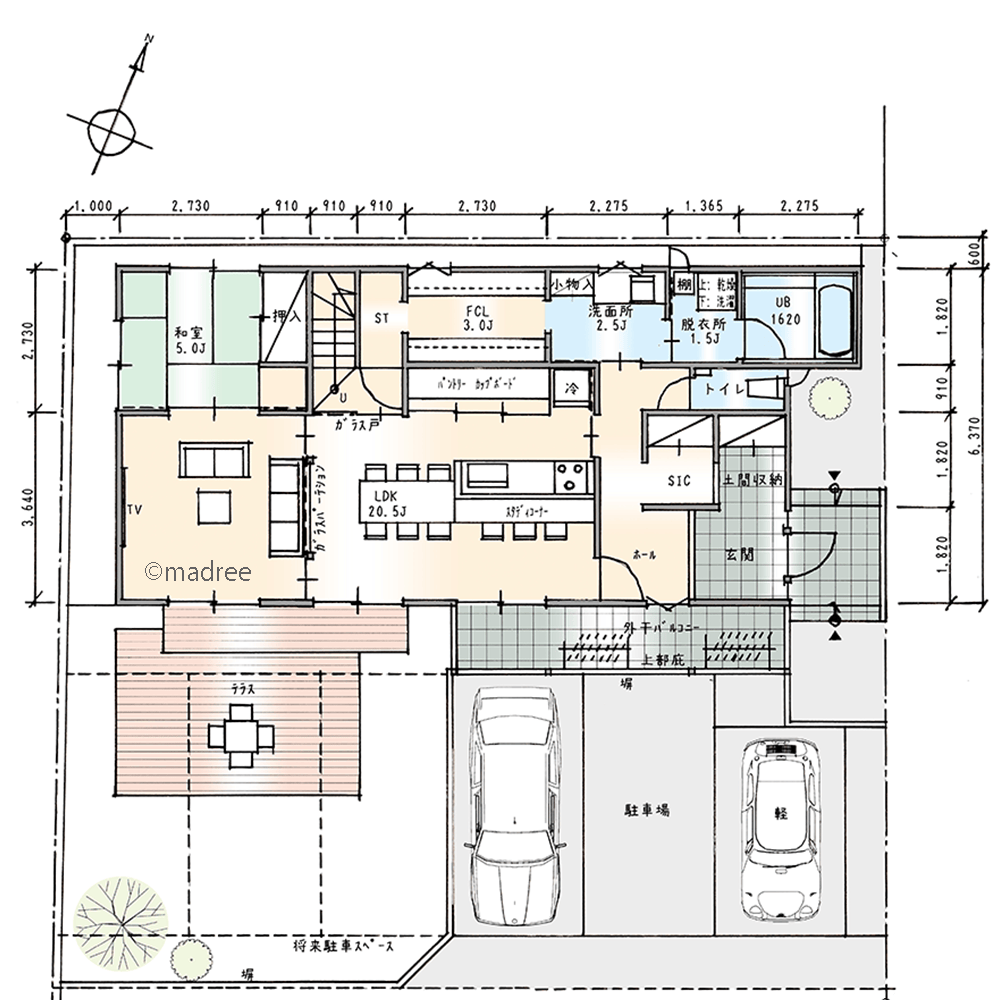 [42坪 4LDK] 陽だまり空間でのびのび子育て、平屋のように使える回遊動線の家の間取り図　1階の画像