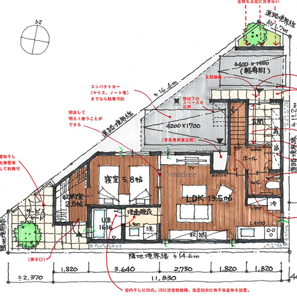 [48坪 4LDK] 少ない廊下で生活動線を集約、玄関共有で過ごす三階建ての二世帯住宅の間取り図　1階の画像