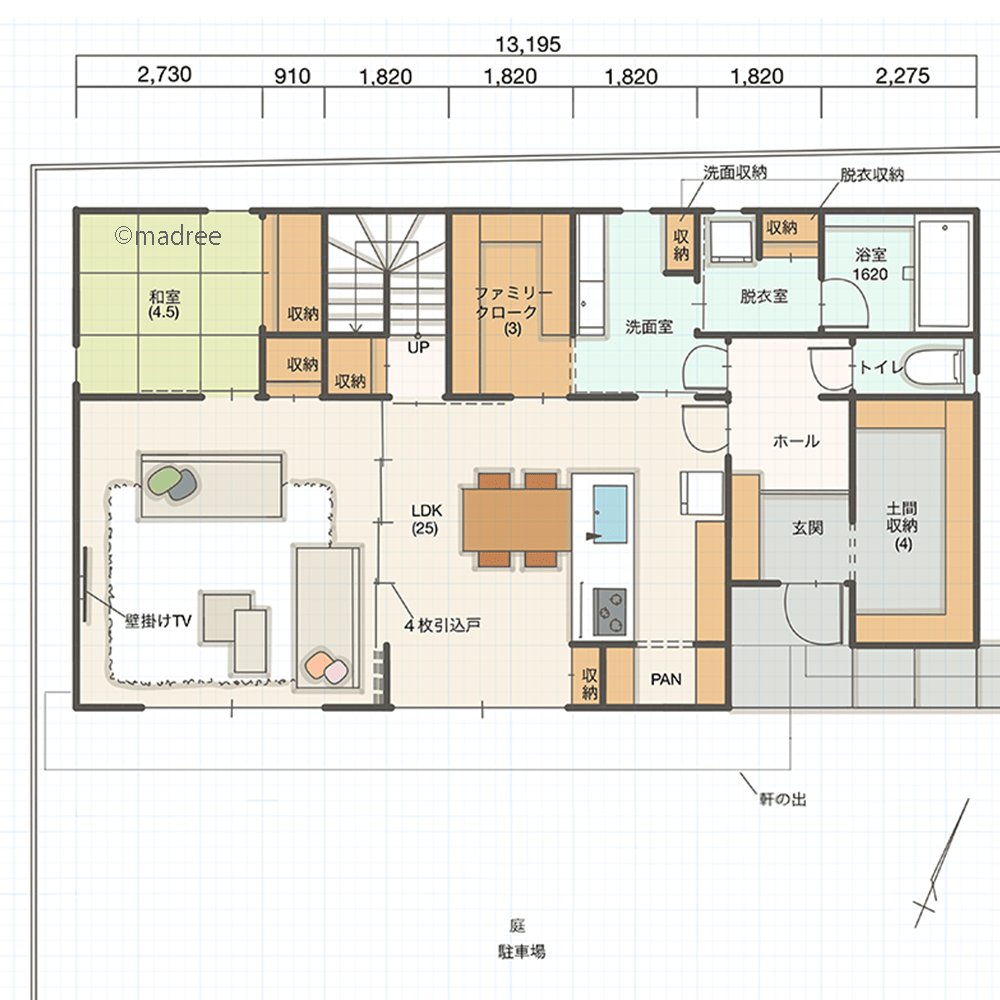 [41坪 3LDK] LDKの広さを生かした空間活用、フレキシブルな間仕切りでリビングが個室にもなる家の間取り図　1階の画像