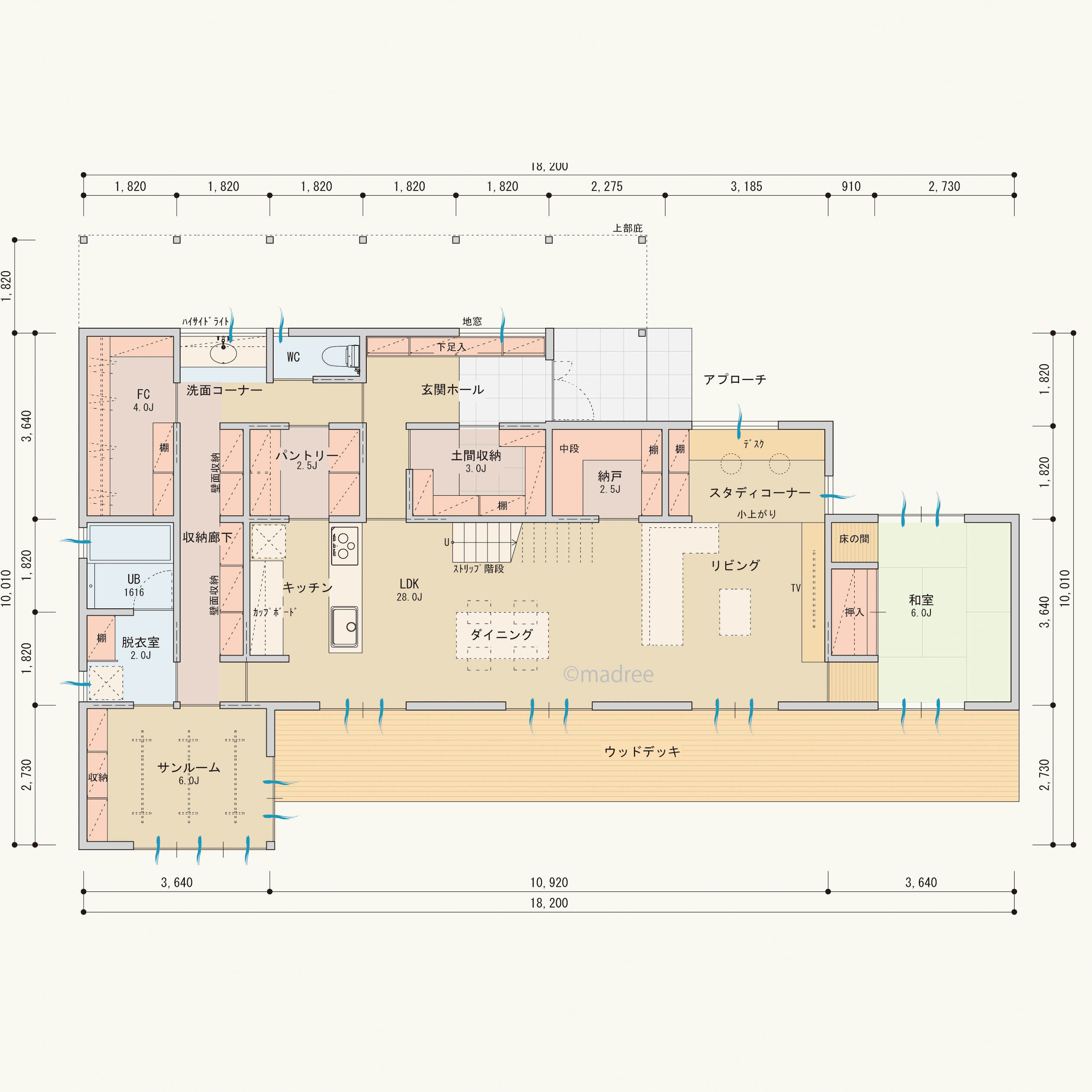 [54坪 4LDK] 北側の家事動線に収納を充実、 隠れ廊下収納でLDKの空間がスッキリする家の間取り図　1階の画像