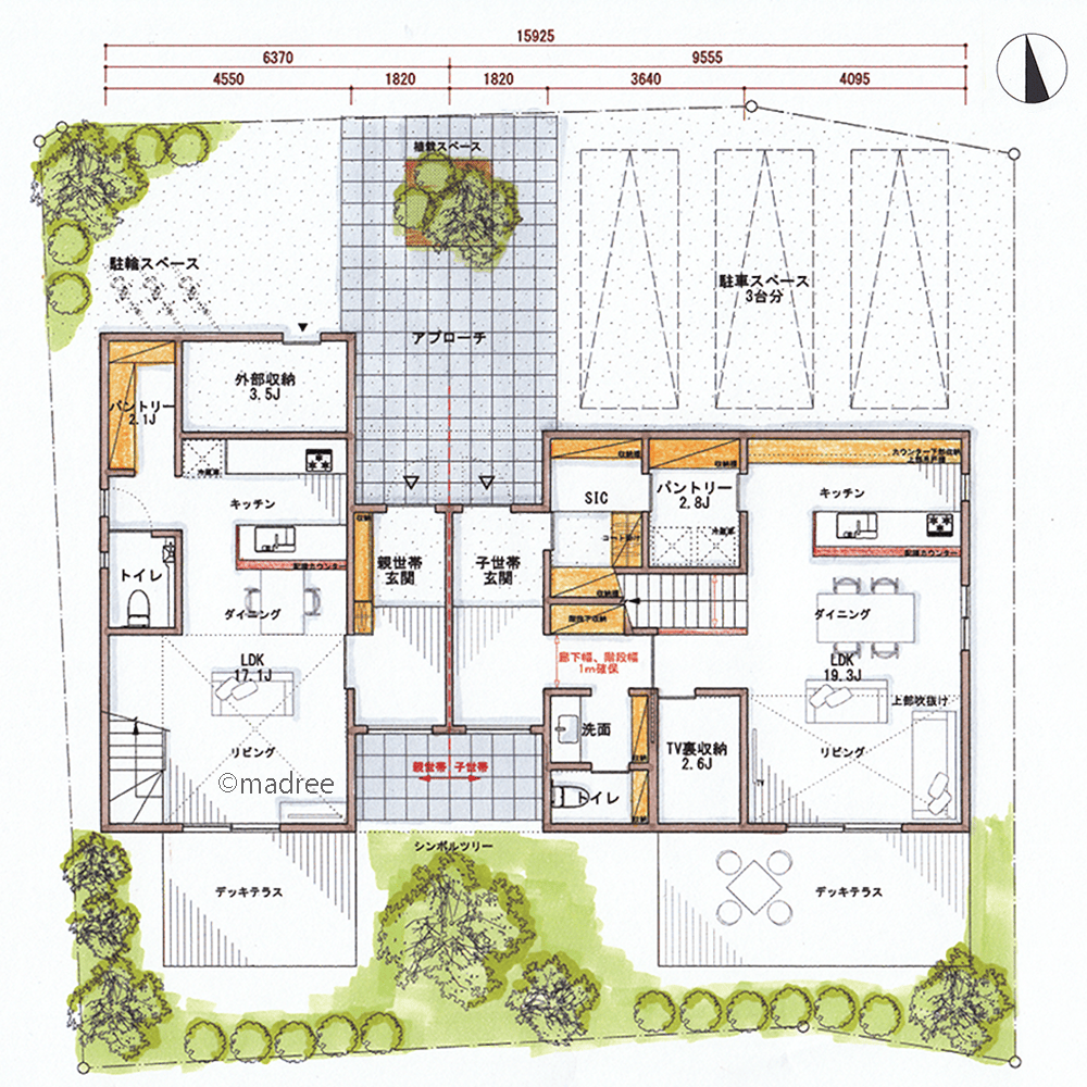 [62坪 4LDK] 外からの視線と互いのプライバシー確保、植栽に囲まれた緑豊かな二世帯住宅の間取り図　1階の画像