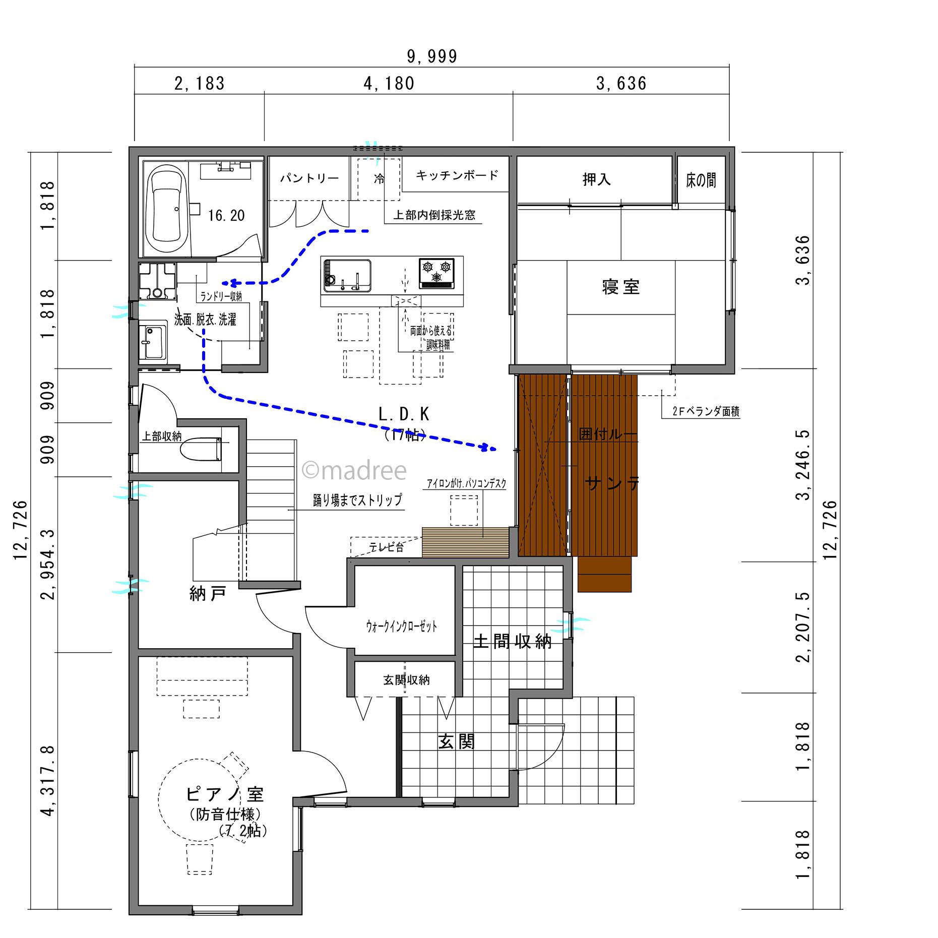 [42坪 4LDK] 用途を固定しないフレキシブルな部屋対応、平屋のようにも生活できる家の間取り図　1階の画像