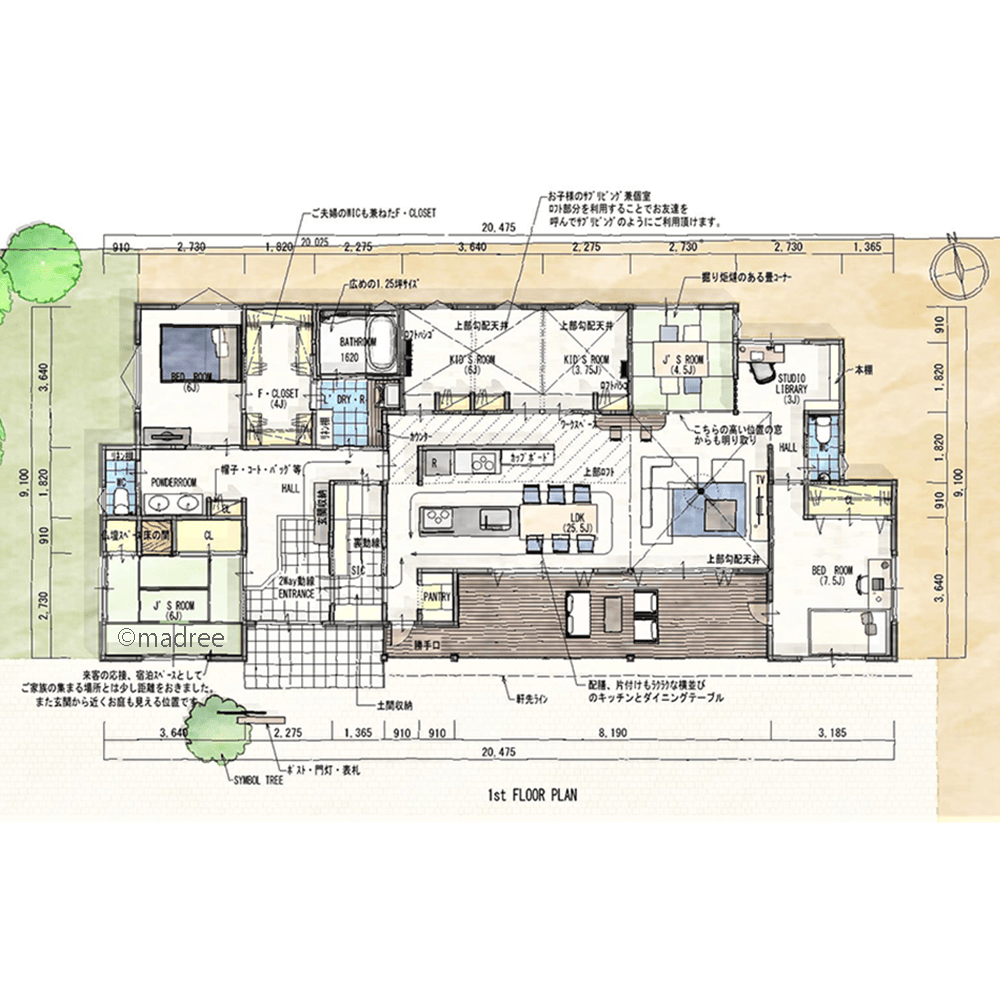 [46坪 畳コーナー] ほどよい距離感の個室配置、大空間LDKで開放感あふれる二世帯住宅の間取り図　1階の画像