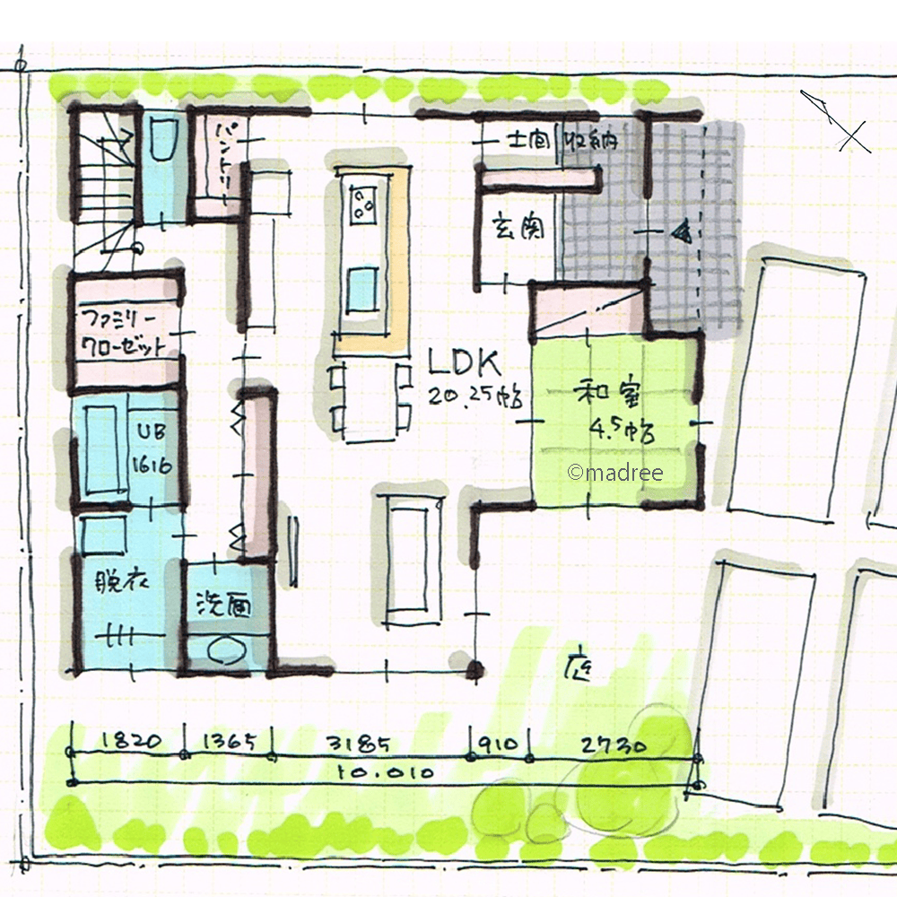 [36坪 2LDK] 短い廊下で繋がるコンパクトな生活動線、将来的に1階完結で暮らせる家の間取り図　1階の画像