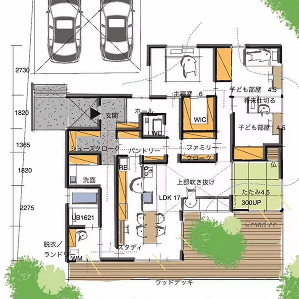 [33坪 2LDK] 庭一体の開放的なリビングと、ウォークスルー動線でスマートに住まう家の間取り図　1階の画像