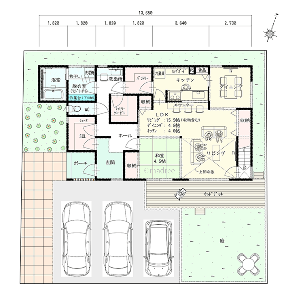 [44坪 4LDK] キッチン中心にぐるっとラク家事、すっきりを保つ収納と快適動線の家の間取り図　1階の画像