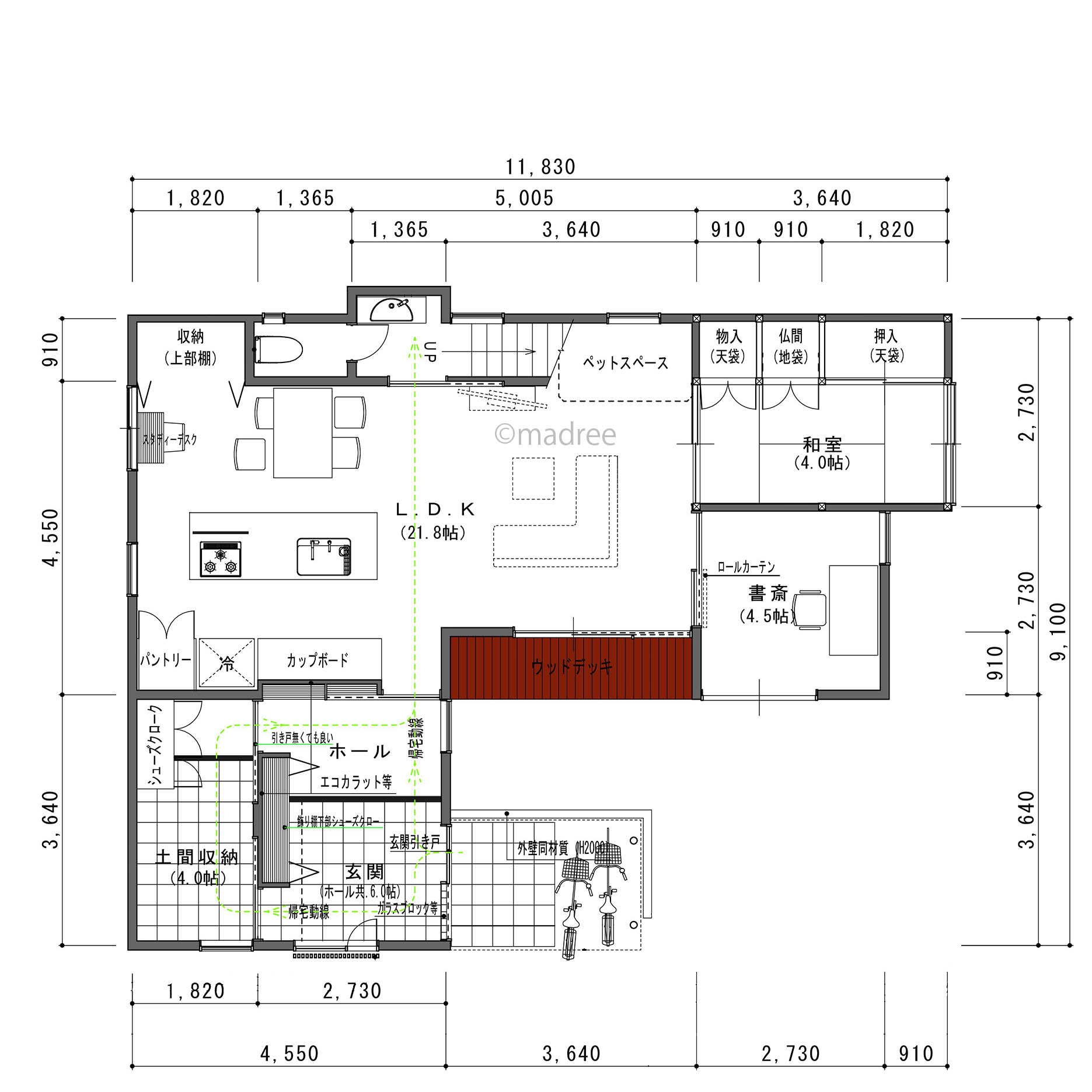 [39坪 3LDK] LDKと書斎をフレキシブルに空間分け、家族を見守りながら在宅ワークできる家の間取り図　1階の画像