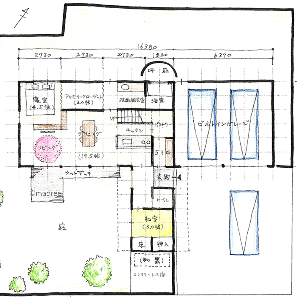 [41坪 4LDK] 家事と身支度がはかどる裏動線、将来平屋のように使えるL字型の家の間取り図　1階の画像